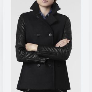 All Saints Zaskia pea coat. Blue wool, black leather.